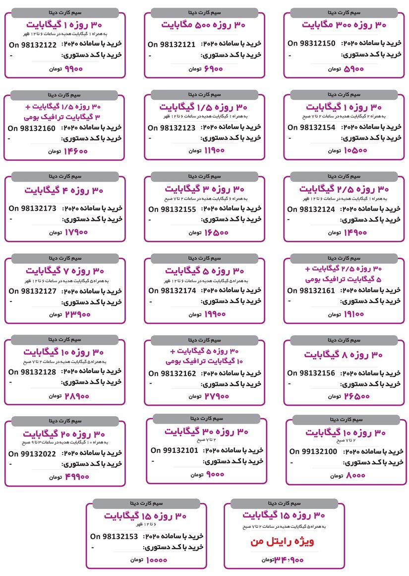  جدول بسته‌های اینترنت ماهانه رایتل سیم کارت دیتا - بهار 1400